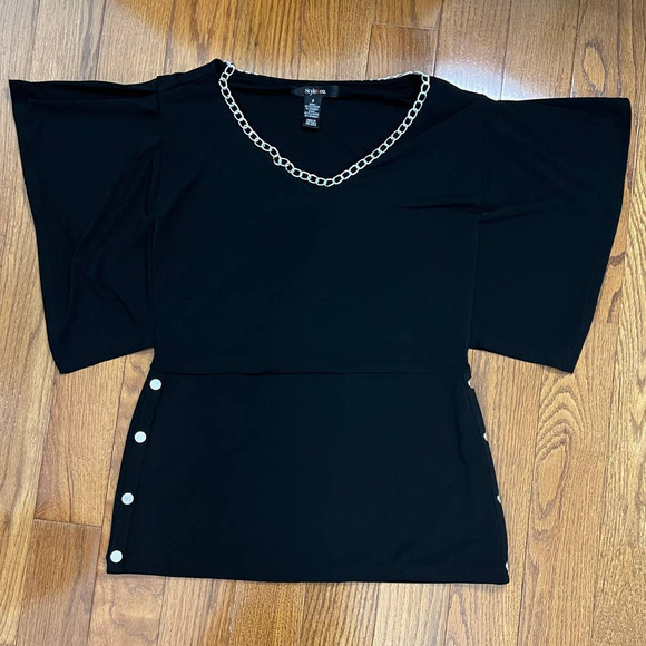 3/$27 Style & Co Blouse w/Batwing Sleeves, Scoop Neck w/Chain in Black, Small - Picture 2 of 8